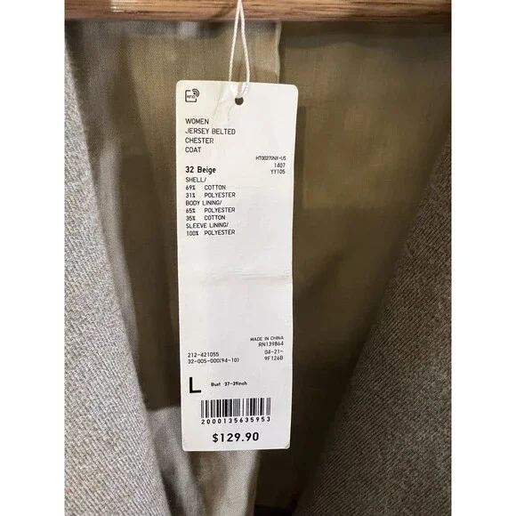 Uniqlo U Chester Beige Belted Stretch Jersey Duster Long Coat Size L Minimalist - Picture 6 of 16